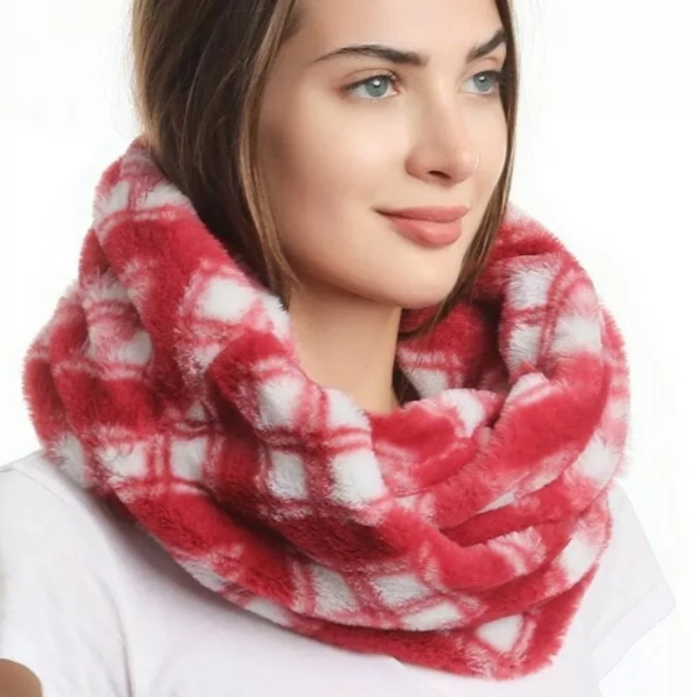 Soft Plaid Print Tartan Faux Fur Infinity Scarf
